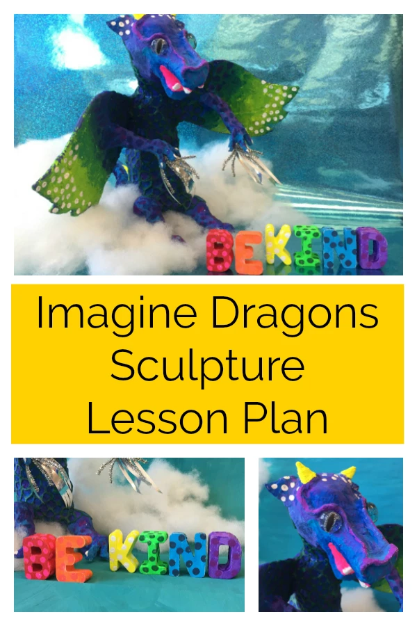 Click here to get this free dragon sculpture lesson plan.  It is a great sculpture lesson for older elementary students and middle school students, and uses Rigid Wrap plaster cloth for a quick alternative to paper mache.  #lessonplan #artlessonplan #sculpture #papermache
